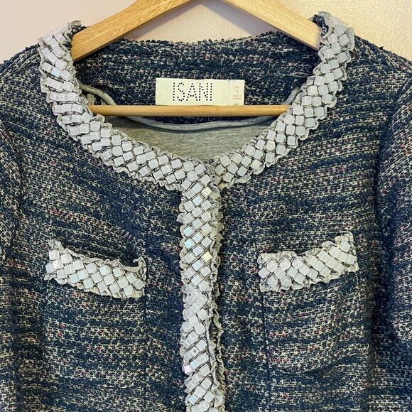 Anthropologie Isani Massey Cropped Tweed Beaded Jacket Boho Glam New Blue Medium - Picture 7 of 15